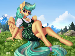 Size: 1800x1350 | Tagged: safe, artist:lightly-san, oc, oc only, oc:summer ray, pegasus, anthro, unguligrade anthro, anthro oc, clothes, dirndl, dress, female, grass, legs, mare, sitting, solo