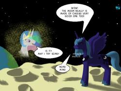Size: 600x450 | Tagged: safe, artist:quint-t-w, princess celestia, princess luna, alicorn, pony, g4, cheese, dialogue, eating, food, magic, moon, old art, royal sisters, s1 luna, single panel, space, spell call, stars