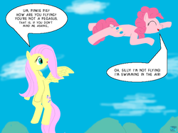 Size: 600x450 | Tagged: safe, artist:quint-t-w, fluttershy, pinkie pie, earth pony, pegasus, pony, g4, cloud, dialogue, flying, in which pinkie pie forgets how to gravity, old art, pinkie being pinkie, pinkie physics, single panel, sky, swimming