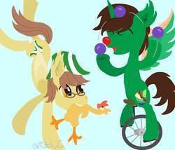 Size: 966x828 | Tagged: safe, artist:arcticleapordfrost, oc, oc only, oc:ferb fletcher, oc:frost d. tart, alicorn, pegasus, pony, alicorn oc, clown nose, hoof stand, horn, juggling, red nose, rubber chicken, unicycle, watermark