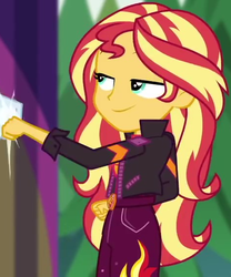 Size: 471x567 | Tagged: safe, screencap, sunset shimmer, equestria girls, equestria girls specials, g4, my little pony equestria girls: better together, my little pony equestria girls: sunset's backstage pass, belt, buckle, clothes, cropped, female, fist bump, geode of empathy, jacket, leather jacket, lidded eyes, magical geodes, outdoors, pants, raised arm, sleeveless shirt, smiling