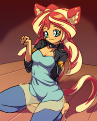 Size: 2000x2500 | Tagged: safe, artist:rockset, sunset shimmer, human, equestria girls, g4, barefoot, bell, bell collar, cat bell, cat ears, cat tail, catgirl, clothes, collar, cute, female, high res, jacket, missing shoes, nyanset shimmer, pants, shimmerbetes, smiling, solo
