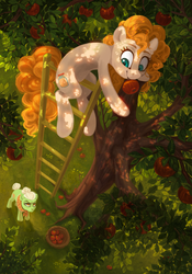 Size: 2067x2953 | Tagged: safe, artist:amishy, granny smith, pear butter, earth pony, pony, g4, apple, apple tree, cottagecore, cute, dappled sunlight, digital art, displeased, duo, duo female, fanfic art, female, food, glare, granny smith is not amused, hair bun, high res, ladder, looking at each other, looking down, looking up, mare, mother and daughter-in-law, mouth hold, pearabetes, smiling, tree, unamused, young granny smith, younger