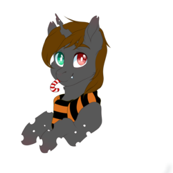 Size: 2000x2000 | Tagged: safe, artist:melpone, oc, oc only, oc:corvus, changeling, bust, candy, candy cane, clothes, food, heterochromia, high res, male, mouth hold, portrait, scarf, simple background, solo, transparent background