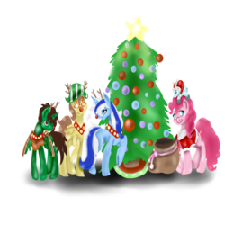 Size: 3000x3000 | Tagged: safe, artist:hersheypup, pinkie pie, oc, oc:ferb fletcher, oc:frost d. tart, oc:zipper zest, alicorn, earth pony, pegasus, pony, unicorn, g4, alicorn oc, antlers, christmas, christmas tree, clothes, costume, high res, holiday, horn, not minuette, plushie, rudolph nose, santa costume, tree, winter ramun