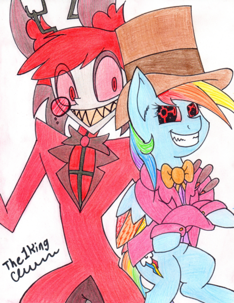 Alastor Artist The1king Clothes Comic Fluttershy And The Rainbow Factory Crossed Arms Crossover Demon Fanfic Rainbow Factory Female Hat Hazbin Hotel Mare Monocle Pegasus Pony Rainbow Dash Rainbow Factory Dash Safe Suit Top