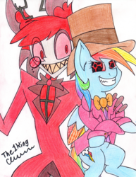 Size: 1678x2173 | Tagged: safe, artist:the1king, rainbow dash, deer, demon, pegasus, pony, undead, wendigo, fanfic:rainbow factory, g4, alastor, clothes, crossed arms, crossover, deer demon, female, fluttershy and the rainbow factory, hat, hazbin hotel, hellaverse, mare, monocle, overlord demon, parody, rainbow factory dash, roald dahl, sinner demon, suit, that's entertainment, top hat, willy wonka, willy wonka and the chocolate factory