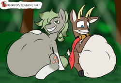 Size: 1892x1299 | Tagged: safe, artist:php135, artist:thewindking, edit, oc, oc:chocolate chip, oc:sunglow, deer, earth pony, pony, belly, colored, impossibly large belly, male, patreon, patreon logo, vore