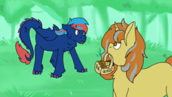 Size: 1920x1080 | Tagged: safe, artist:euspuche, oc, oc only, oc:centreus feathers, oc:cinderheart, dracony, dragon, hybrid, pony, unicorn, animated, chest fluff, cookie, female, food, frame by frame, gif, looking at each other, squigglevision, ych result