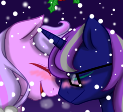 Size: 2300x2100 | Tagged: safe, artist:jagga-chan, oc, oc only, oc:apath, oc:moonlight blossom, pony, unicorn, female, glasses, high res, holly, holly mistaken for mistletoe, male, mare, stallion