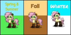 Size: 2000x1000 | Tagged: safe, artist:bandwidth, fluttershy, original species, pony, timber pony, pony town, g4, cute, female, grass, leaves, seasons, simple background, snow, species swap, timber-shy, tree bark