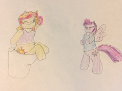 Size: 1280x956 | Tagged: safe, artist:snipiper, sunset shimmer, twilight sparkle, alicorn, pony, unicorn, g4, bipedal, but why, clothes, female, magic, simple background, sitting on toilet, toilet, traditional art, twilight sparkle (alicorn)