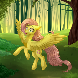 Size: 3000x3000 | Tagged: safe, artist:alfury, artist:starshade, fluttershy, pegasus, pony, g4, cheek fluff, chest fluff, collaboration, cute, cutie mark, female, floppy ears, flying, forest, high res, mare, open mouth, solo, spread wings, wings