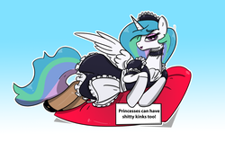 Size: 1912x1212 | Tagged: source needed, useless source url, safe, artist:dreamweaverpony, artist:n-o-n, princess celestia, alicorn, pony, g4, clothes, female, lipstick, looking at you, lying, maid, maid headdress, mare, pillow, solo