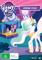 Size: 600x851 | Tagged: safe, princess celestia, spike, twilight sparkle, alicorn, dragon, pony, g4, horse play, dvd, dvd cover, logo, looking at you, my little pony logo, twilight sparkle (alicorn)