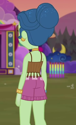 Size: 472x773 | Tagged: safe, screencap, laurel jade, equestria girls, equestria girls series, g4, sunset's backstage pass!, spoiler:eqg series (season 2), ass, butt, clothes, cropped, ear piercing, earring, female, hair bun, halter top, jewelry, laurel booty, legs, midriff, outdoors, piercing, shorts, sleeveless, solo, stage, thighs