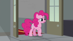 Size: 1920x1080 | Tagged: safe, screencap, pinkie pie, earth pony, pony, g4, the last laugh, female, mare, open mouth, raised eyebrow, raised hoof, solo
