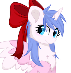 Size: 2908x2980 | Tagged: safe, artist:alfury, artist:mint-light, oc, oc only, oc:rioshi sweet, alicorn, pony, alicorn oc, blushing, bow, female, hair bow, high res, horn, looking at you, mare, simple background, smiling, solo, unshorn fetlocks, white background