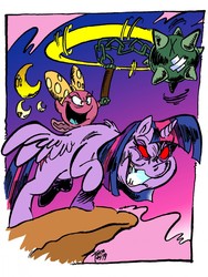 Size: 964x1280 | Tagged: safe, artist:grotezco, twilight sparkle, alicorn, frog, pony, g4, amphibia, cliff, crossover, evil grin, evil laugh, frank frazetta, grin, laughing, mace, medieval, moon, polly plantar, red eyes, riding a pony, smiling, tadpole, too many moons, twilight sparkle (alicorn), weapon