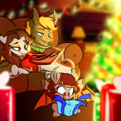 Size: 1000x1000 | Tagged: safe, artist:xxmarkingxx, oc, oc:pepper zest, oc:savory zest, oc:scarlet quill, bat pony, bat pony oc, christmas, christmas tree, clothes, couch, digital art, family, fangs, female, filly, hearth's warming, hearth's warming eve, holiday, offspring, parent:oc:savory zest, parent:oc:scarlet quill, parents:oc x oc, parents:scarlory, present, scarlory, slit pupils, sweater, tree