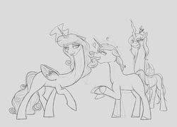 Size: 2844x2052 | Tagged: safe, artist:astr0zone, princess cadance, queen chrysalis, shining armor, alicorn, changeling, changeling queen, pony, unicorn, g4, female, grayscale, heart, high res, jealous, lineart, long neck, male, mare, monochrome, necc, queen chrysalis is not amused, stallion, unamused