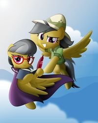 Size: 600x750 | Tagged: safe, artist:jhayarr23, a.k. yearling, daring do, pegasus, pony, g4, book, cloud, duality, female, flying, glasses, hat, hoof hold, looking at you, mare, quill, sky, smiling