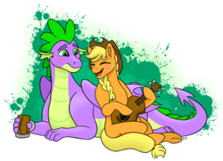 Size: 3481x2520 | Tagged: safe, artist:bella-pink-savage, applejack, spike, dragon, earth pony, pony, g4, abstract background, blushing, braid, cute, duo, eyes closed, female, guitar, high res, male, mare, musical instrument, older, older spike, open mouth, prone, ship:applespike, shipping, sitting, straight, tankard, winged spike, wings
