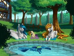 Size: 1024x773 | Tagged: safe, artist:skyaircobra, oc, cat, earth pony, pegasus, pony, glasses, grass, house, scenery, swimming, swimming pool, water