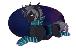 Size: 2731x1759 | Tagged: safe, artist:royvdhel-art, oc, oc only, oc:imago, changeling, changeling oc, clothes, commission, digital art, fangs, female, pregnant, prone, smiling, socks, solo, stockings, striped socks, thigh highs, ych result