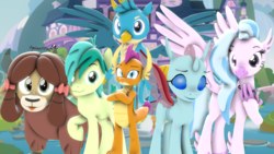 Size: 1920x1080 | Tagged: safe, artist:spinostud, gallus, ocellus, sandbar, silverstream, smolder, yona, changeling, dragon, earth pony, griffon, hippogriff, pony, yak, g4, 3d, :p, looking at you, school of friendship, source filmmaker, student six, tongue out