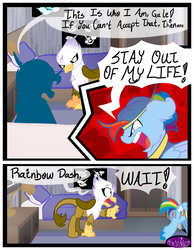 Size: 3500x4500 | Tagged: dead source, safe, artist:becauseimpink, gilda, rainbow dash, griffon, pegasus, pony, comic:transition, g4, bed, cap, clothes, comic, dialogue, female, floppy ears, guilder, hat, mare, pillow, rule 63, transgender, yelling