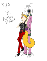 Size: 888x1150 | Tagged: safe, artist:didun850, oc, oc only, oc:ember (callmesatan), earth pony, goat, anthro, plantigrade anthro, armpits, blushing, clothes, crossover, earth pony oc, female, male, oc x oc, shipping, simple background, text, undertale, white background