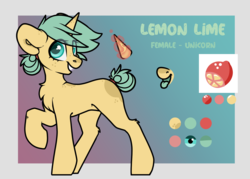 Size: 2500x1792 | Tagged: safe, artist:spoopygander, oc, oc:lemon lime (ender), pony, unicorn, female, glowing horn, horn, looking at you, mare, reference sheet, smiling, tongue out