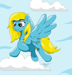 Size: 1468x1524 | Tagged: safe, artist:lucas_gaxiola, oc, oc only, pegasus, pony, cloud, flying, pegasus oc, signature, smiling, solo, wings