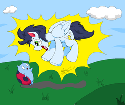 Size: 1660x1396 | Tagged: safe, artist:lucas_gaxiola, soarin', pegasus, pony, g4, adventure time, catbug, cloud, crossover, excited, jumping, male, open mouth, signature, stallion