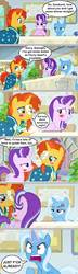 Size: 478x1671 | Tagged: safe, artist:silverbuller, edit, edited screencap, screencap, phyllis, starlight glimmer, sunburst, trixie, a horse shoe-in, g4, and that's how luster dawn was made, angry, blushing, comic, cross-popping veins, female, frustrated, male, screencap comic, ship:starburst, shipper on deck, shipping, straight, subtle as a train wreck, the great and powerful shipper