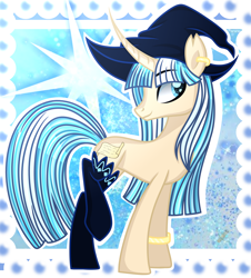 Size: 3160x3500 | Tagged: safe, artist:domina-venatricis, oc, oc only, pony, unicorn, clothes, curved horn, female, hat, high res, horn, mare, solo, stockings, thigh highs, witch hat