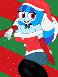 Size: 1932x2576 | Tagged: safe, artist:c_w, sonata dusk, equestria girls, g4, big breasts, boots, breasts, busty sonata dusk, christmas, clothes, costume, evening gloves, eyelashes, eyeshadow, gloves, hat, holiday, jewelry, long gloves, looking at you, makeup, pendant, santa costume, santa hat, shoes, snow, tights