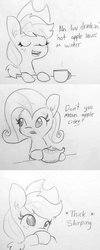 Size: 819x2048 | Tagged: safe, artist:tjpones, applejack, fluttershy, earth pony, pegasus, pony, g4, apple, applesauce, comic, cup, cute, descriptive noise, drinking, duo, jackabetes, monochrome, pencil drawing, silly, silly pony, teacup, teapot, that pony sure does love apples, traditional art, who's a silly pony