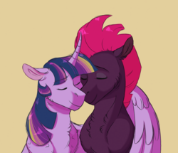 Size: 2210x1900 | Tagged: safe, artist:gummyhoof, tempest shadow, twilight sparkle, alicorn, pony, g4, chest fluff, female, hug, lesbian, ship:tempestlight, shipping, simple background, twilight sparkle (alicorn), winghug