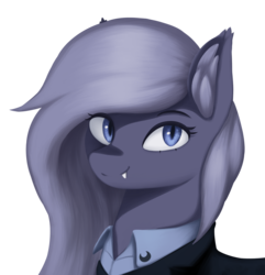 Size: 2025x2100 | Tagged: safe, artist:mrscroup, oc, oc only, oc:selenite, bat pony, pony, equestria at war mod, bat pony oc, business suit, bust, clothes, fangs, female, high res, mare, portrait, shirt, simple background, solo, transparent background