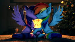 Size: 3840x2160 | Tagged: safe, artist:psfmer, rainbow dash, twilight sparkle, alicorn, pegasus, pony, g4, 3d, christmas, christmas tree, decoration, eyes closed, female, fire, fireplace, high res, holding hooves, holiday, indoors, kiss on the lips, kissing, lesbian, revamped ponies, ship:twidash, shipping, sitting, source filmmaker, spread wings, tree, twilight sparkle (alicorn), wingboner, wings