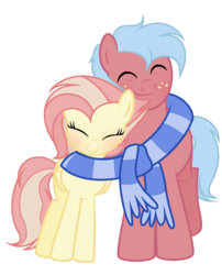 Size: 1024x1268 | Tagged: safe, artist:theapplebeauty, oc, oc:firefly shy, oc:pure macintosh, base used, clothes, crack ship offspring, cute, eyes closed, female, male, mare, oc x oc, offspring, parent:big macintosh, parent:fire streak, parent:fluttershy, parent:trixie, parents:flutterstreak, parents:trixmac, scarf, shared clothing, shared scarf, shipping, simple background, stallion, transparent background