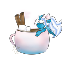Size: 742x637 | Tagged: safe, artist:linkedwolf, oc, oc:fleurbelle, alicorn, pony, alicorn oc, bow, cinnamon stick, cup, cup of pony, eyes closed, female, food, hair bow, happy, horn, mare, marshmallow, relaxed, relaxed face, relaxing, smiling