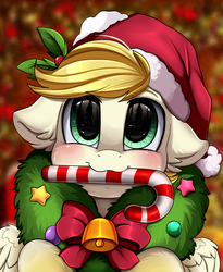 Size: 1446x1764 | Tagged: safe, artist:pridark, part of a set, oc, oc only, oc:exist, pegasus, pony, bell, candy, candy cane, christmas, cute, food, hat, holiday, mouth hold, paws, pridark's christmas ponies, santa hat, solo, wreath, ych result