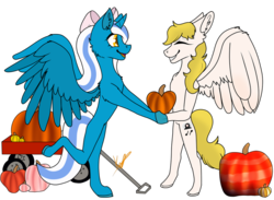 Size: 1046x764 | Tagged: safe, artist:khaosdrawz, oc, oc:fleurbelle, oc:golden skies, alicorn, pegasus, pony, alicorn oc, bipedal, bow, female, fleurden, hair bow, horn, mare, pegasus oc, pumpkin, simple background, transparent background, wagon