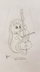 Size: 2268x4032 | Tagged: safe, artist:parclytaxel, octavia melody, earth pony, genie, genie pony, pony, series:nightliner, bow (instrument), cello, female, floating, geniefied, lineart, mare, monochrome, musical instrument, patreon, pencil drawing, smiling, solo, spotlight, traditional art