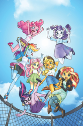 Size: 1186x1800 | Tagged: safe, artist:pencils, applejack, fluttershy, pinkie pie, rainbow dash, rarity, sci-twi, sunset shimmer, twilight sparkle, equestria girls, g4, idw, spoiler:comic, spoiler:comicequestriagirlsmarchradness, armpits, boots, clothes, cloud, comic cover, compression shorts, converse, cowboy hat, cute, denim skirt, dress, freckles, glasses, hat, high heels, humane five, humane seven, humane six, jumping, leather, leather boots, march radness, miniskirt, pleated skirt, ponytail, ribbon sandals, shoes, shorts, skirt, sky, sneakers, stetson, sun, tank top, trampoline