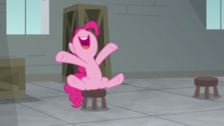 Size: 1920x1080 | Tagged: safe, screencap, pinkie pie, earth pony, pony, g4, the last laugh, belly, female, mare, mawshot, nose in the air, open mouth, sitting, solo, stool, uvula, volumetric mouth