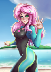 Size: 706x1000 | Tagged: safe, artist:the-park, fluttershy, human, equestria girls, adorasexy, beach, beach babe, beautiful, boobs and butt pose, clothes, cloud, cute, female, fluttershy's wetsuit, geode of fauna, human coloration, looking at you, magical geodes, ocean, sexy, shyabetes, sky, smiling, solo, swimsuit, waving, wetsuit